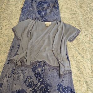 Dressbarn Blue Floral Dress with Gray Cardigan